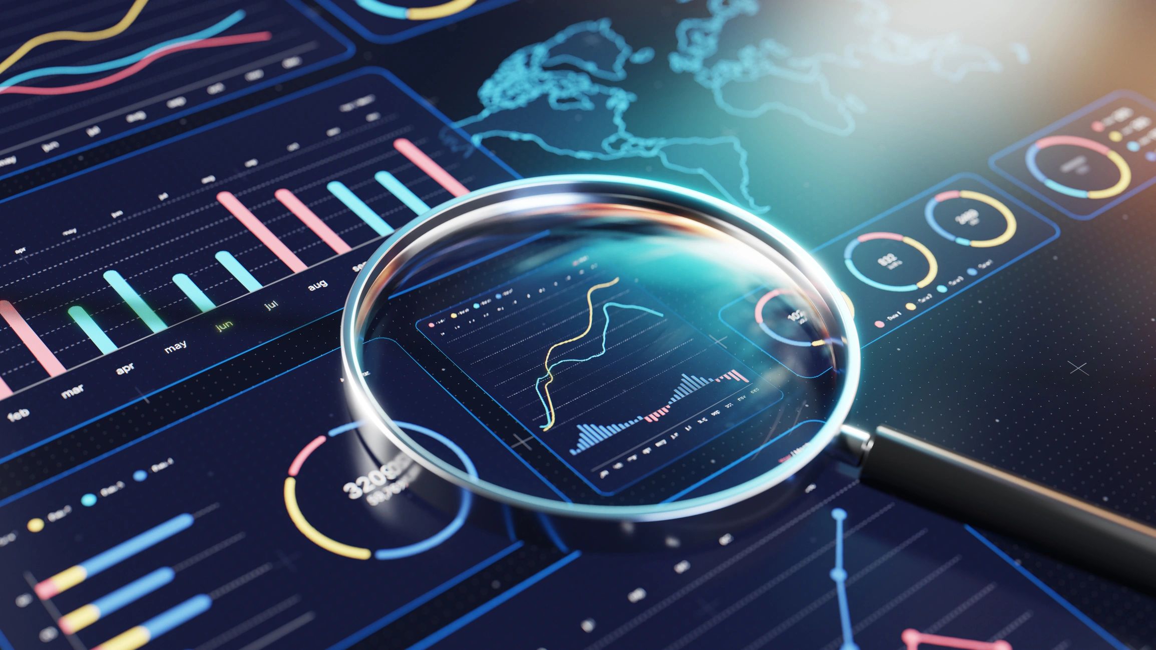Data analytics dashboard with charts and magnifying glass