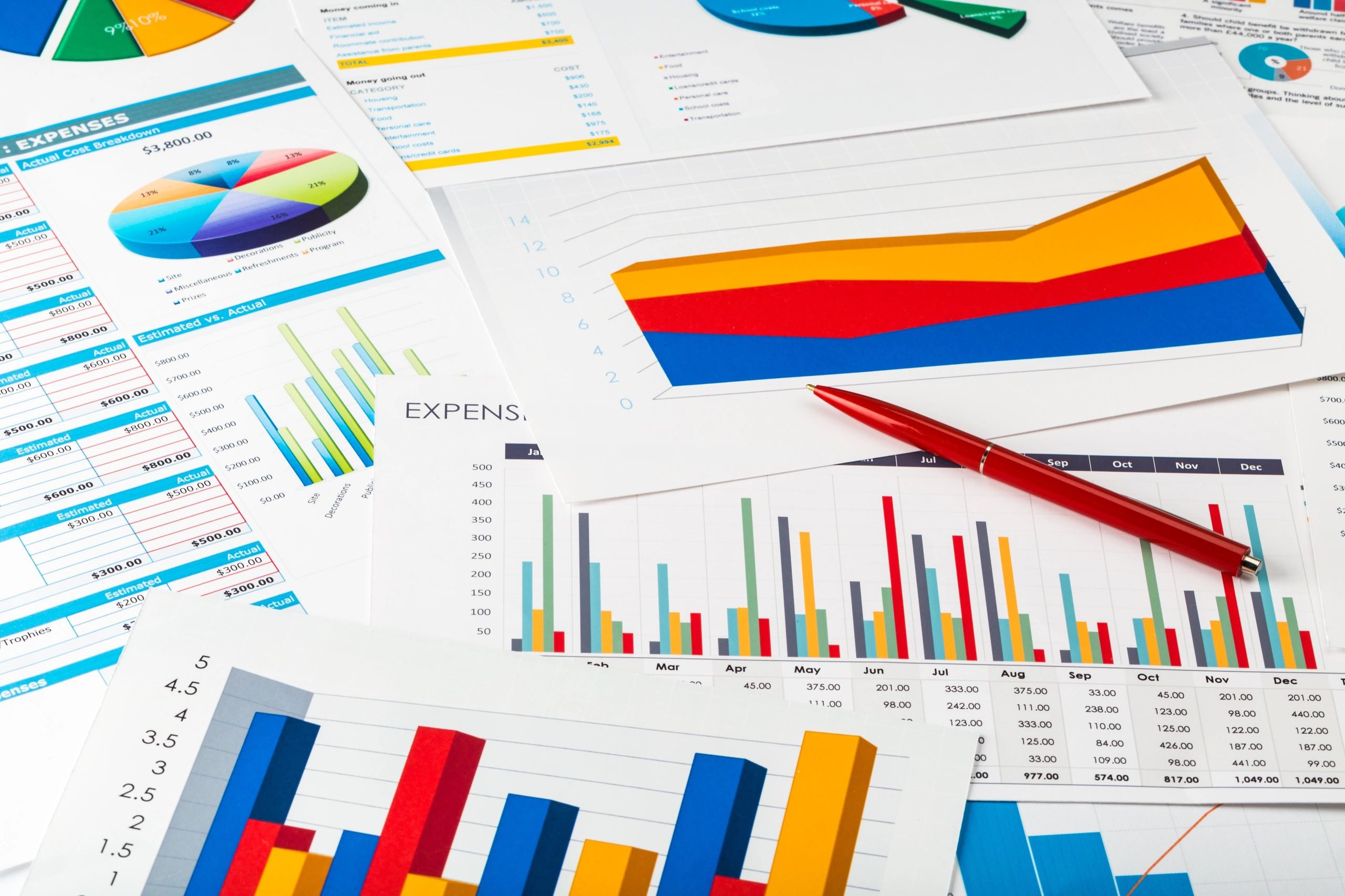 Financial charts and reports representing clear business insights
